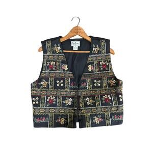 TanTrums Black floral Vest & Anreana Black-Gold striped Pants, Size M